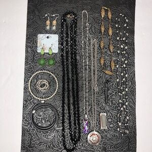 Lot of Various Costume Jewelery Silver Tone Ring Necklace Earring Locket Pendant